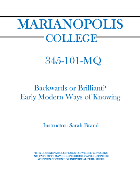 345-101-MQ - Backwards or Brilliant? Early Modern Ways of Knowing - Sarah Brand