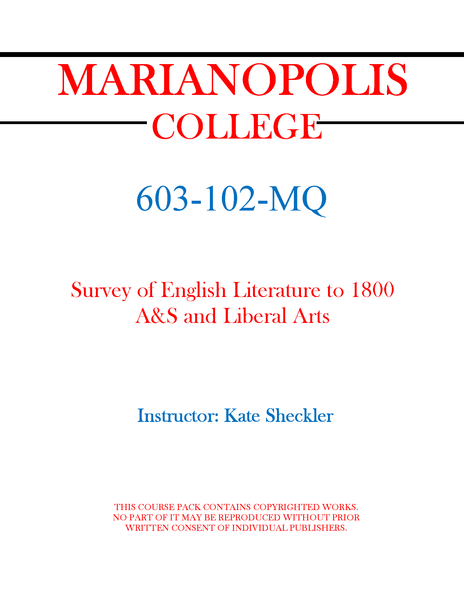 603-102-MQ - Survey of English Literature to 1800 - A&S and Liberal Arts - Kate Sheckler